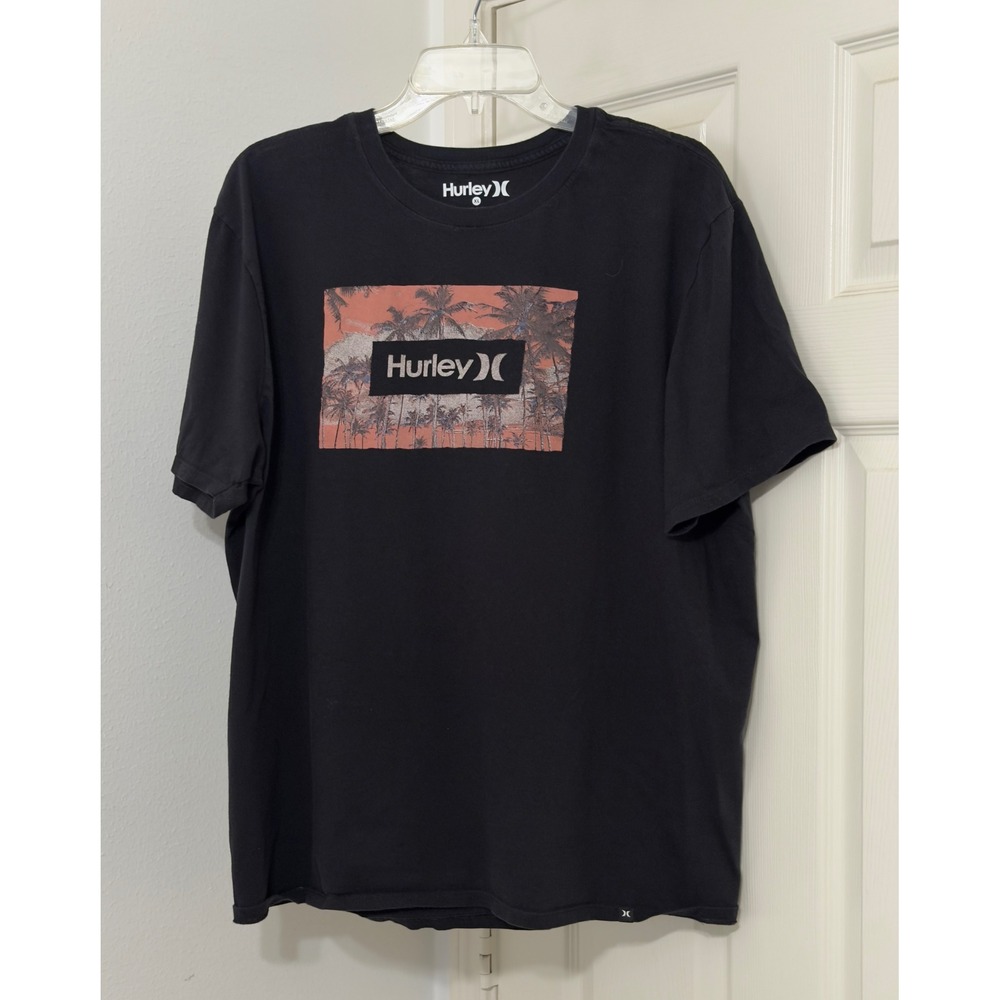 Hurley Mens XL Black Palm Tree Graphic Box Logo Short Sleeve T-Shirt Surf Skate